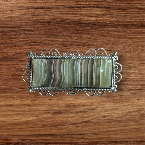 Vintage Rectangular Stone Brooch With Filigree Silver Frame - Picture 1 of 5